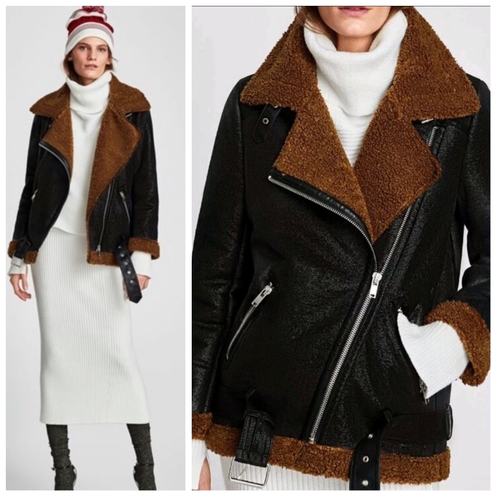 Zara $170 Textured Shearling Moto Jacket Women's Xs (Runs Large) Brown & Black
